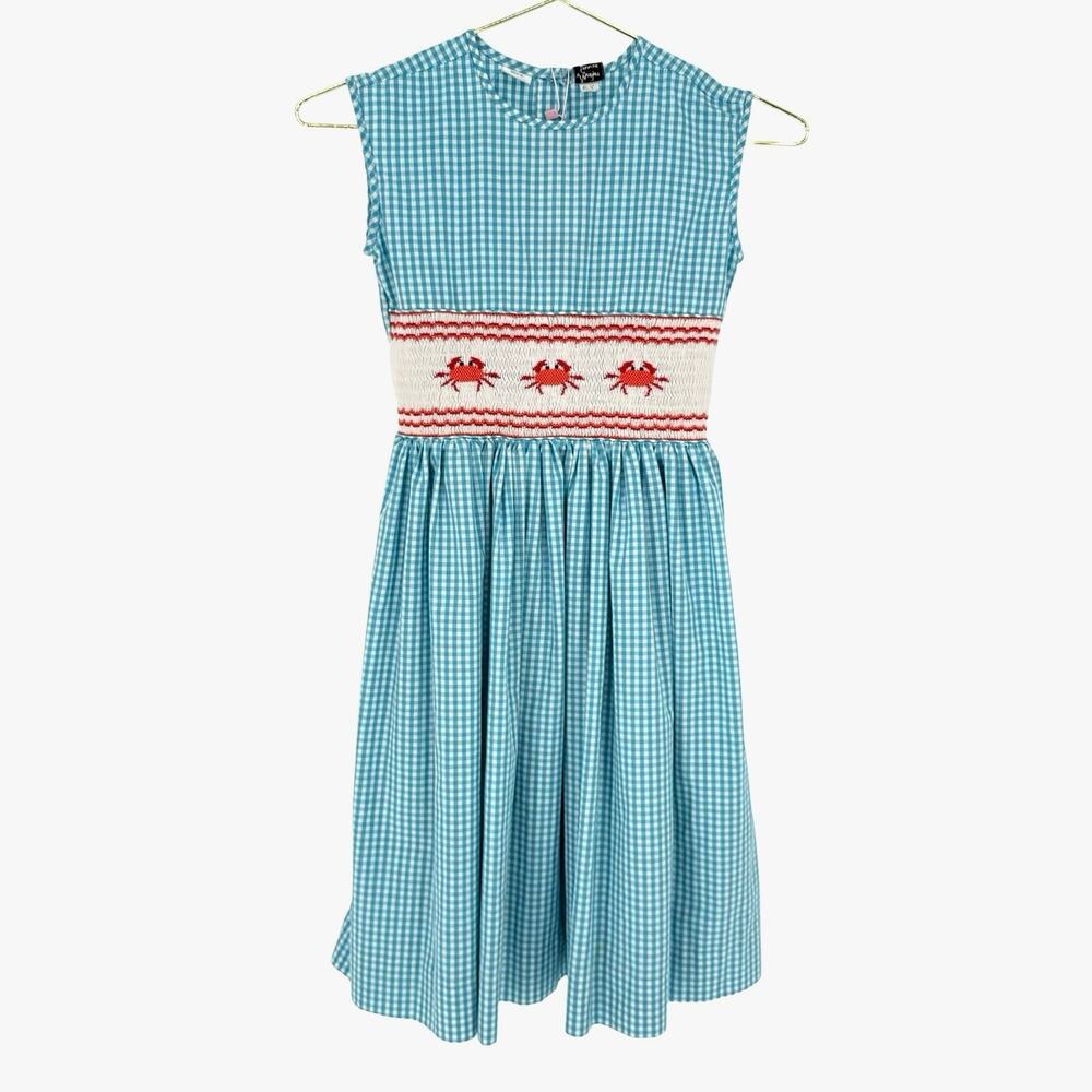 Mother Goose Girl's Crab Needlepoint Embroidered Gingham Dress Size 6Y Novelty
